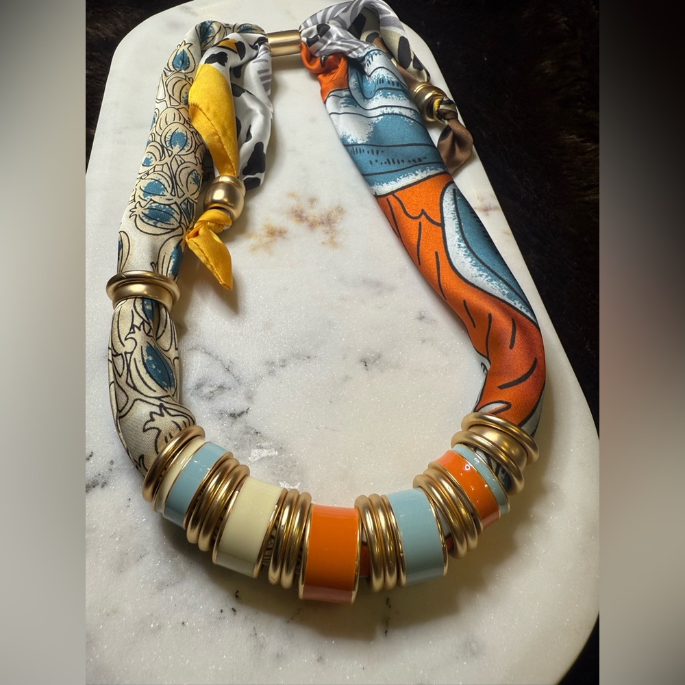 Colorful Silk Scarf Necklace with Gold Accents